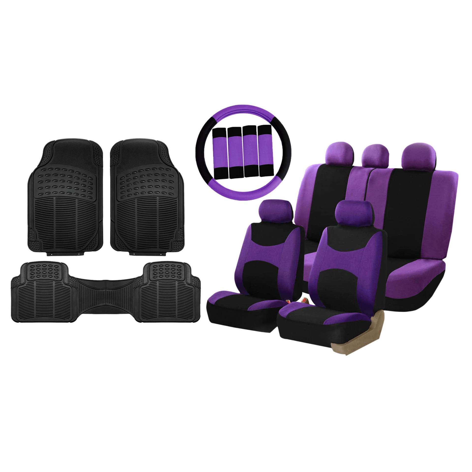 FH Group Light & Breezy Cloth Full Set Car Seat Covers (Purple /Black) Combo Set: Steering Wheel Cover, Seat Belt Pads and Black Vinyl Floor Mats – Universal Fit for Cars Trucks & SUVs von FH GROUP