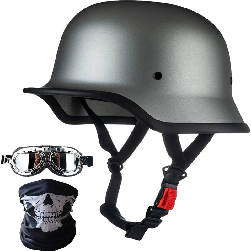Motorradhelm im Deutschen Stil, Erwachsene Schädelkappe Halbhelm zugelassenen Männern und Frauen Retro Open Face Halbschalenhelm + Gesicht Mas + Schutzbrille für Cruiser Scooter Chopper von FHDCNTO