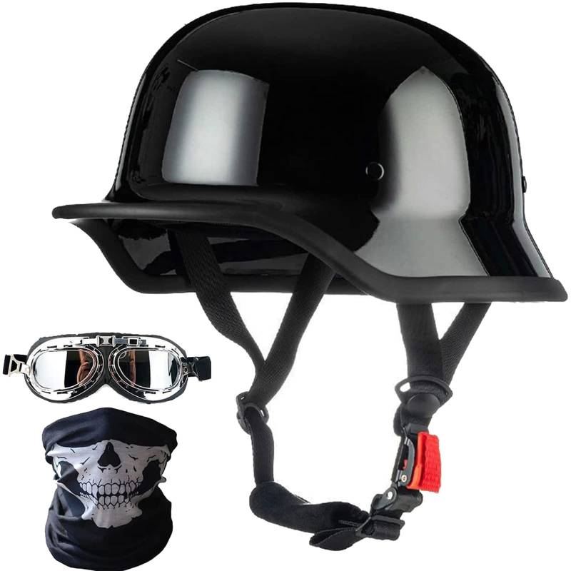 Motorradhelm im Deutschen Stil, Erwachsene Schädelkappe Halbhelm zugelassenen Männern und Frauen Retro Open Face Halbschalenhelm + Gesicht Mas + Schutzbrille für Cruiser Scooter Chopper von FHDCNTO