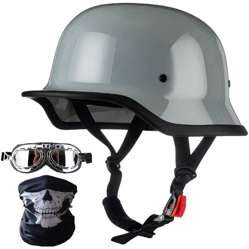 Motorradhelm im Deutschen Stil, Erwachsene Schädelkappe Halbhelm zugelassenen Männern und Frauen Retro Open Face Halbschalenhelm + Gesicht Mas + Schutzbrille für Cruiser Scooter Chopper von FHDCNTO