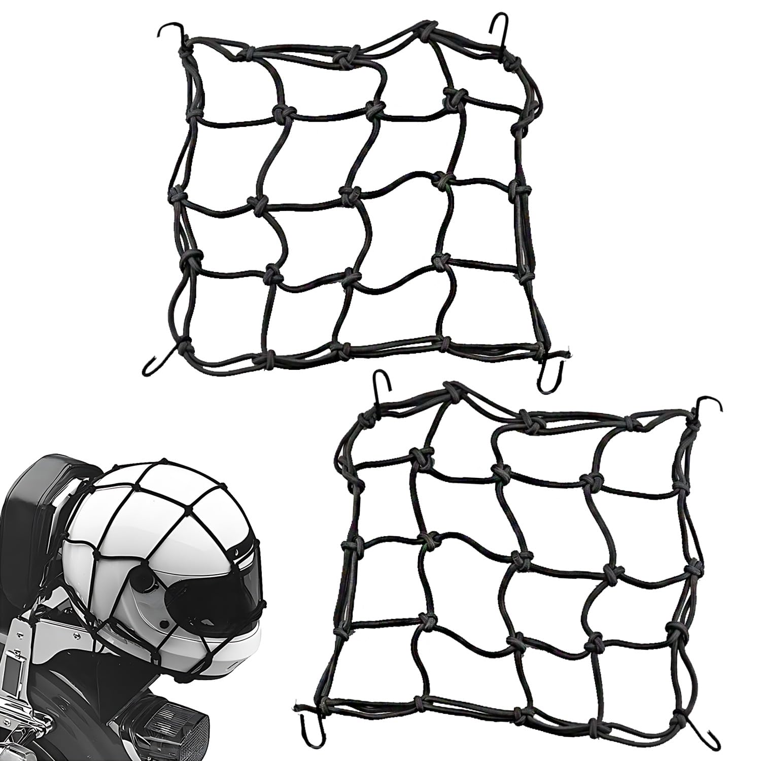 2 Stück Motorrad-Helmnetz, Bungee-Gepäck-Frachtnetz, Motorrad-Gepäcknetz, Motorräder-Bungee-Netz, Verstellbares Elastisches Helmnetz, Robustes Bungee-Netz, zur Aufbewahrung von Helmen(Schwarz) von FIBOUND