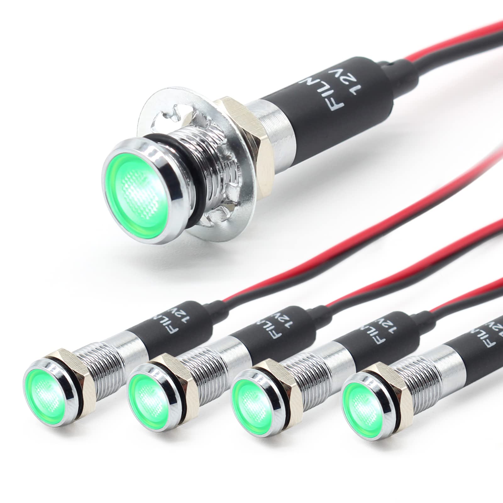 FILN 5 stücke 8mm (5/16 ") 12V LED kontrollleuchte wasserdichte pilot signallampe Meldeleuchte metalltafelleuchten(Messing vernickelt,grün5stück) von FILN