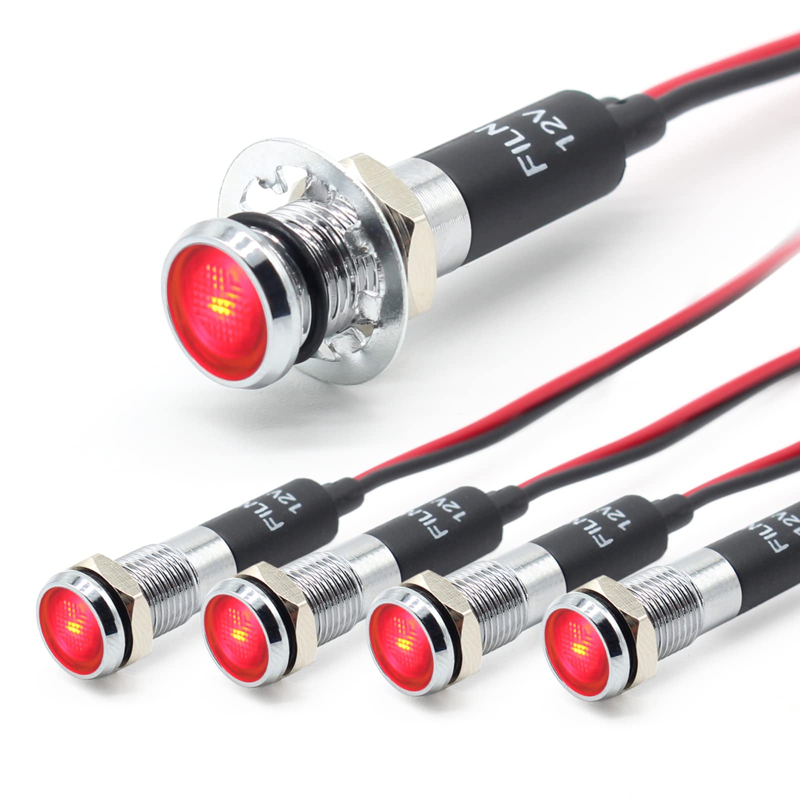 FILN 5 stücke 8mm (5/16 ") 12V LED kontrollleuchte wasserdichte pilot signallampe Meldeleuchte metalltafelleuchten(Messing vernickelt,rot5stück) von FILN