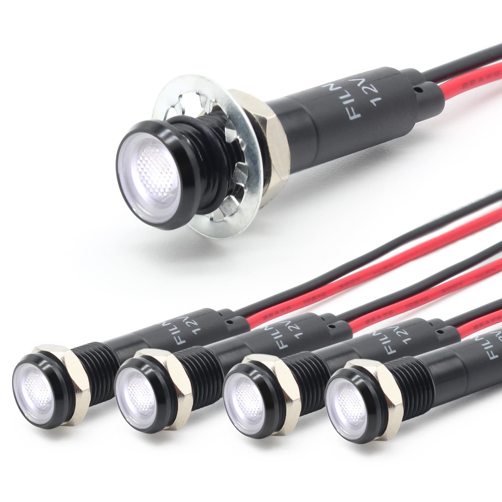 FILN 5 stücke 8mm (5/16 ") 12V LED kontrollleuchte wasserdichte pilot signallampe Meldeleuchte metalltafelleuchten(Schwarz eloxiert,Weiß5stück) von FILN