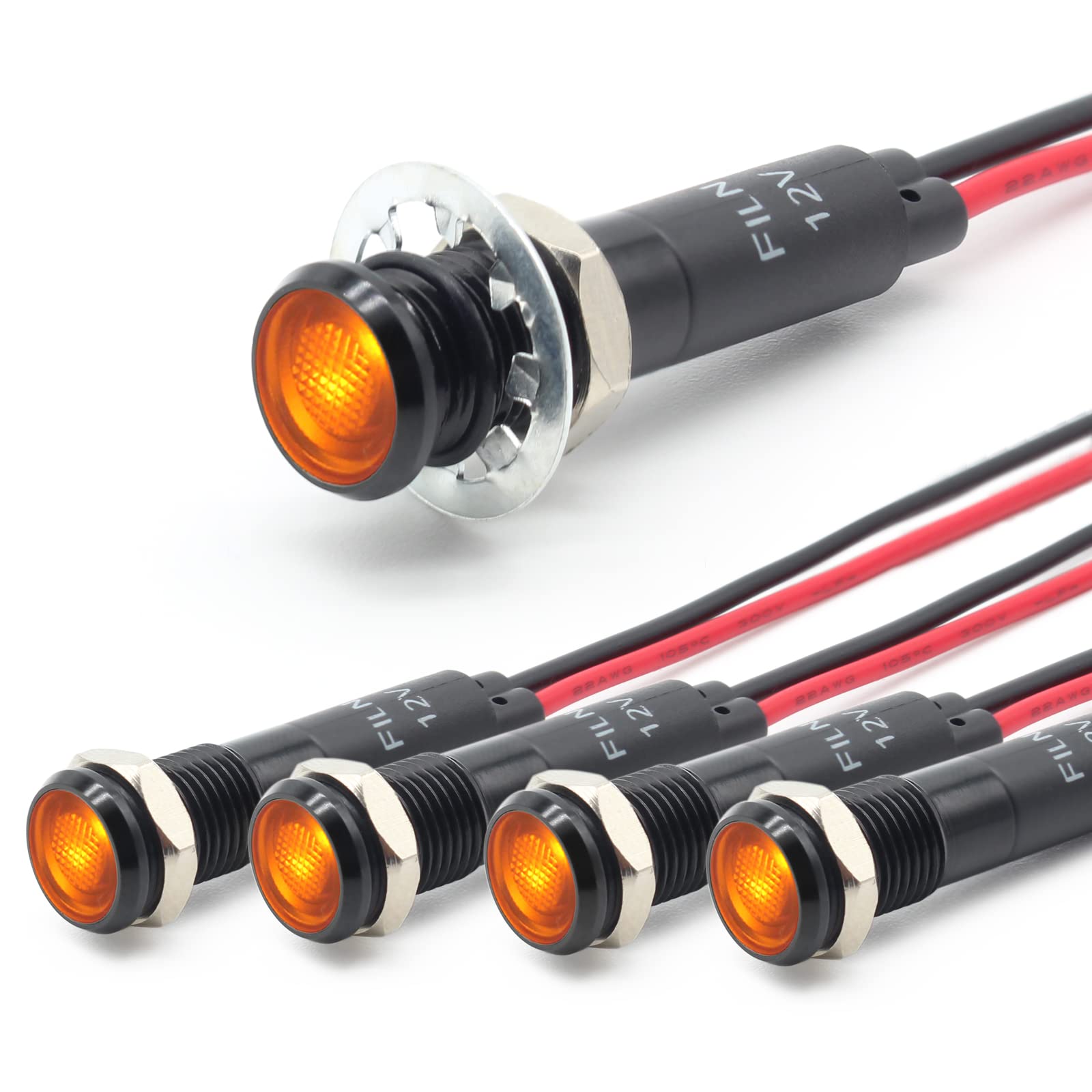 FILN 5 stücke 8mm (5/16 ") 12V LED kontrollleuchte wasserdichte pilot signallampe Meldeleuchte metalltafelleuchten(Schwarz eloxiert,gelb5stück) von FILN