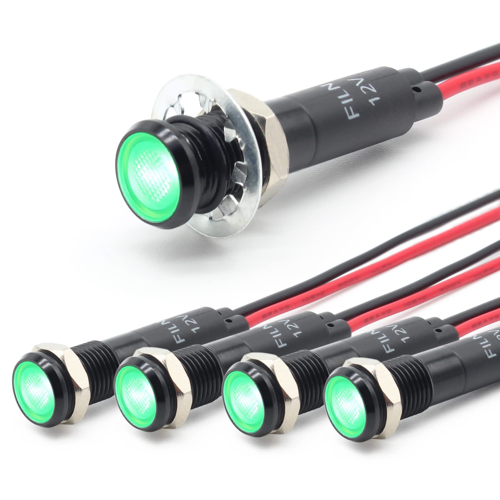 FILN 5 stücke 8mm (5/16 ") 12V LED kontrollleuchte wasserdichte pilot signallampe Meldeleuchte metalltafelleuchten(Schwarz eloxiert,grün5stück) von FILN