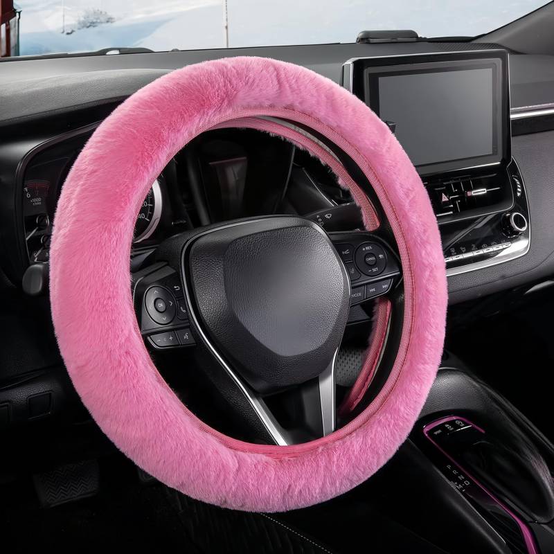 FINEVERNEK Plüsch Lenkradbezug - Winter Lenkradschutz, Lammfell, Warm Rutschfest, Teleskop Abdeckung für Auto, 36-38cm (Rosa) von FINEVERNEK