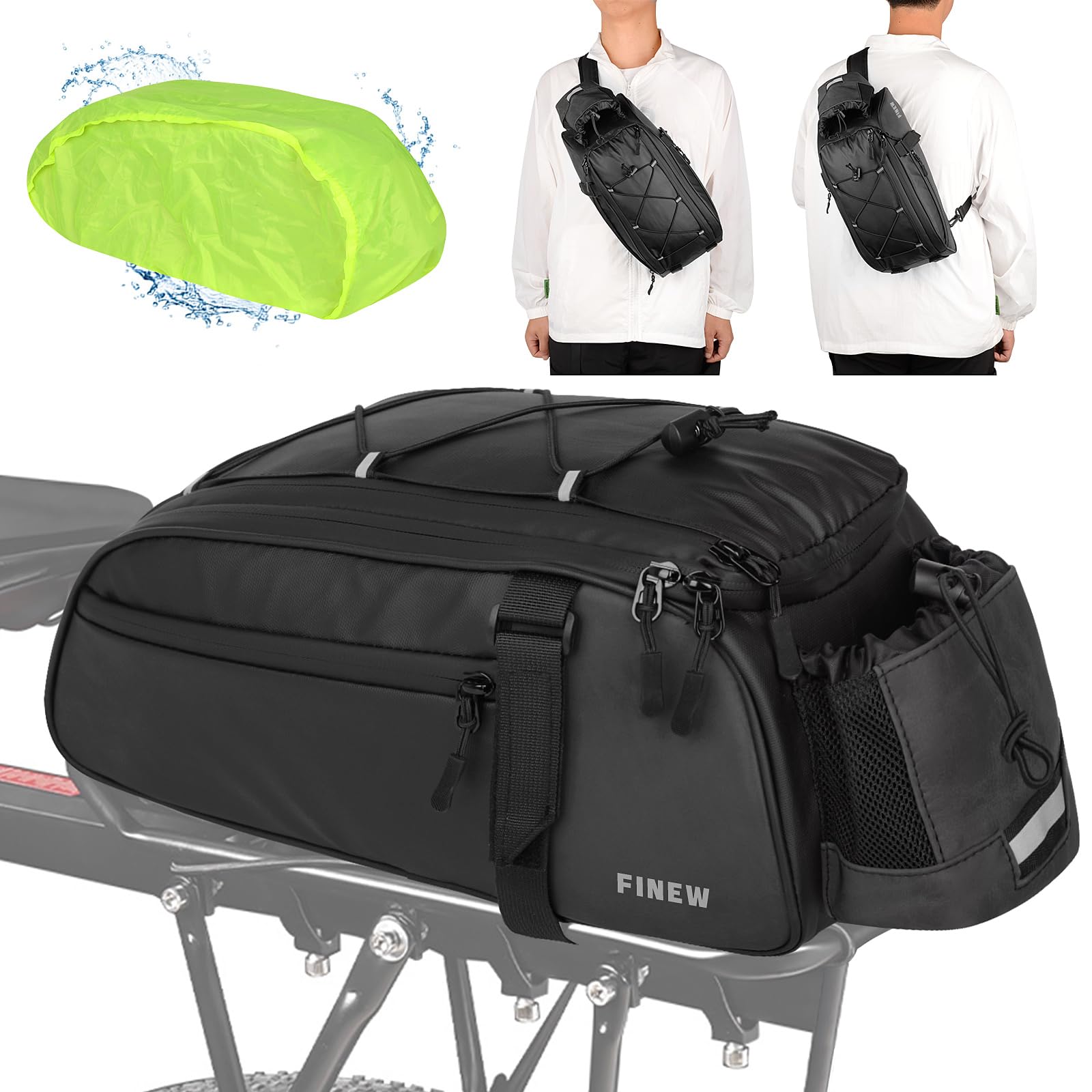 FINEW 2in1 Fahrradtasche für Gepäckträger, 12L PU Stoff Gepäckträgertasche Fahrrad - Multifunktionale Hinter Gepäcktasche mit Regenschutz und Rucksackfunktion - Wasserfest & Reflektierend von FINEW