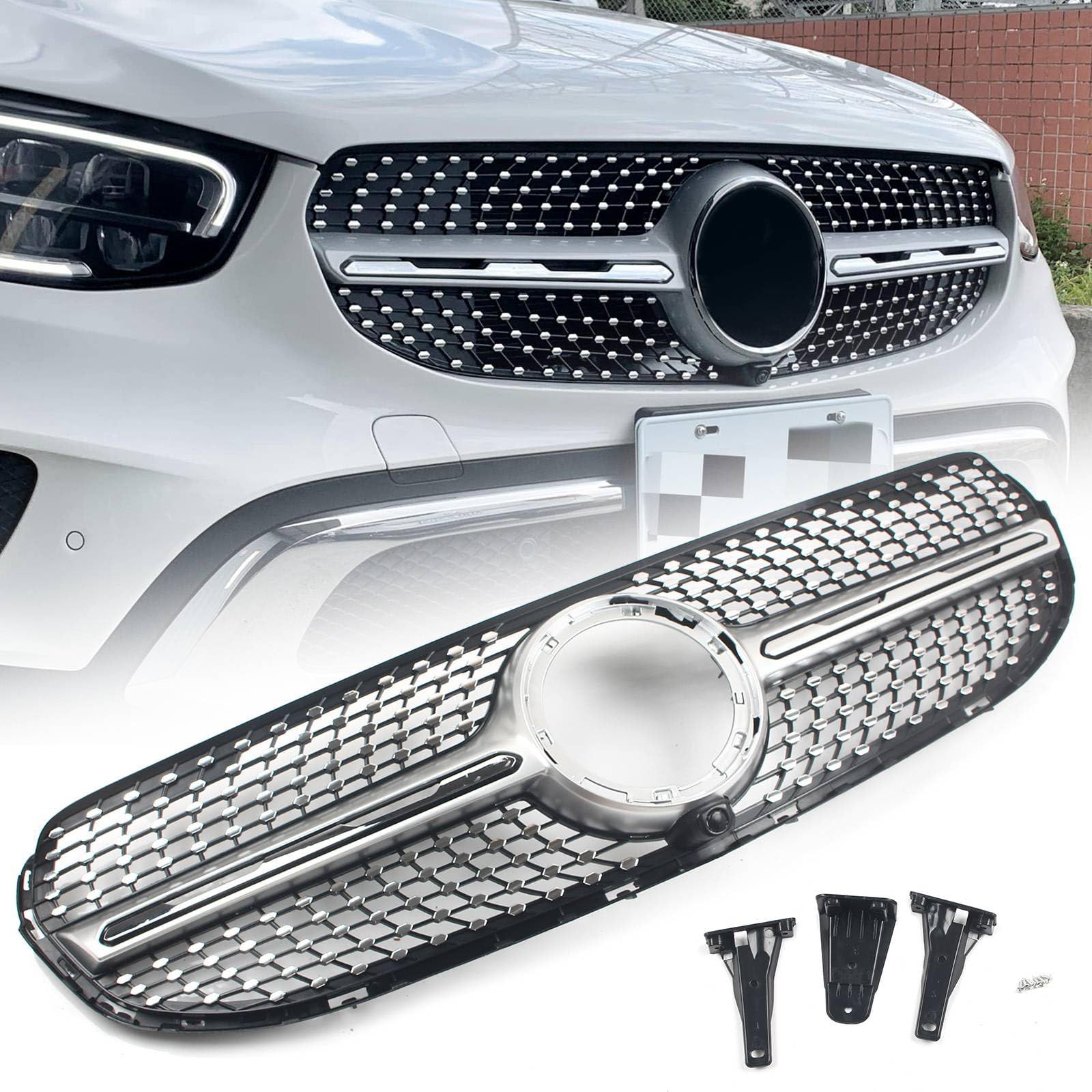 FINMOKAL Frontstoßstangengitter, Diamantgrill, kompatibel mit Benz GLC-Klasse X253 W253 Normal C253 GLC300 GLC350 2020+ (Schwarz + Chrom) von FINMOKAL