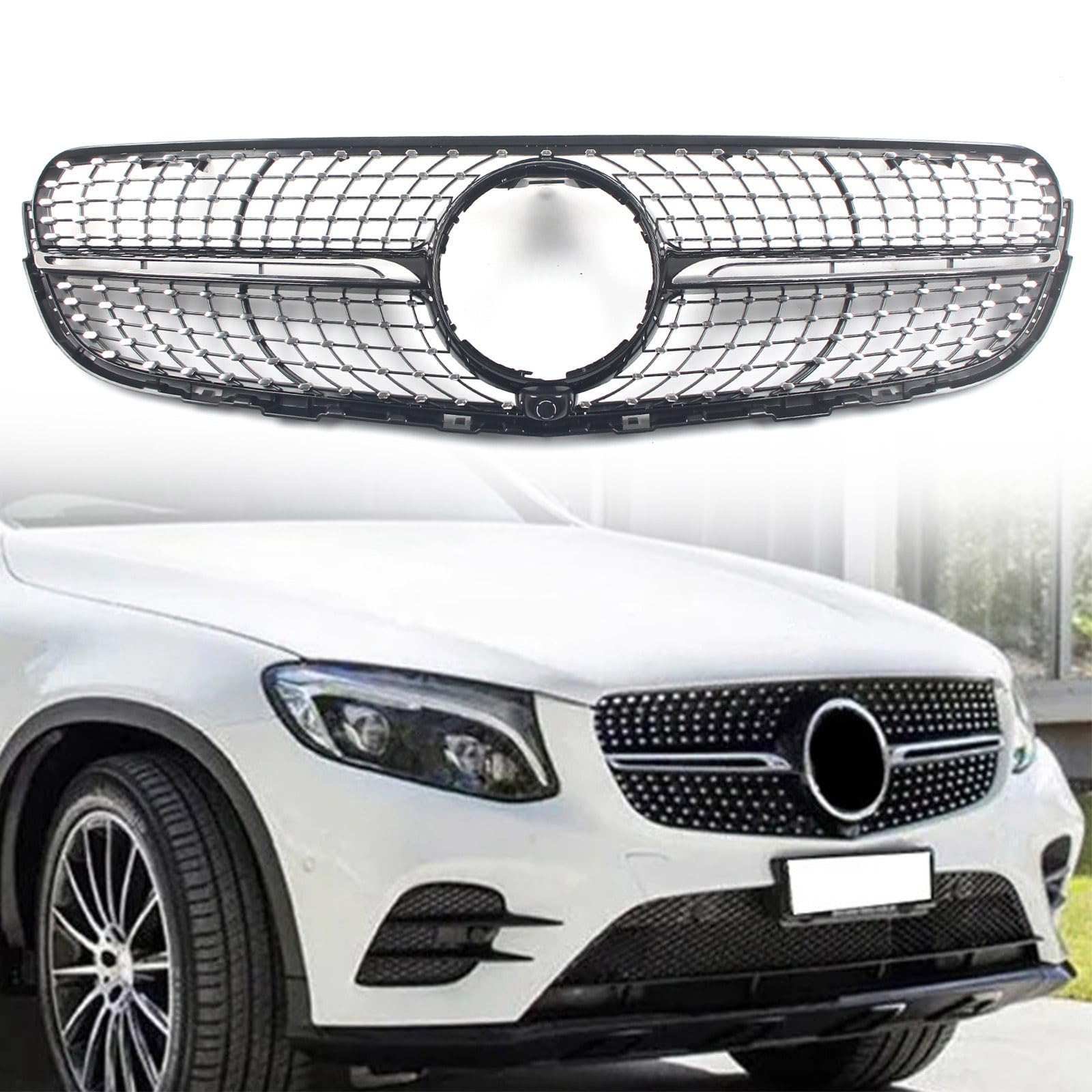 FINMOKAL Frontstoßstangengitter, oberer Diamant-Stil, Kühlergrill, kompatibel mit Benz GLC-Klasse X253 W253 GLC250 GLC300 2015 2016-2019 (Schwarz) von FINMOKAL