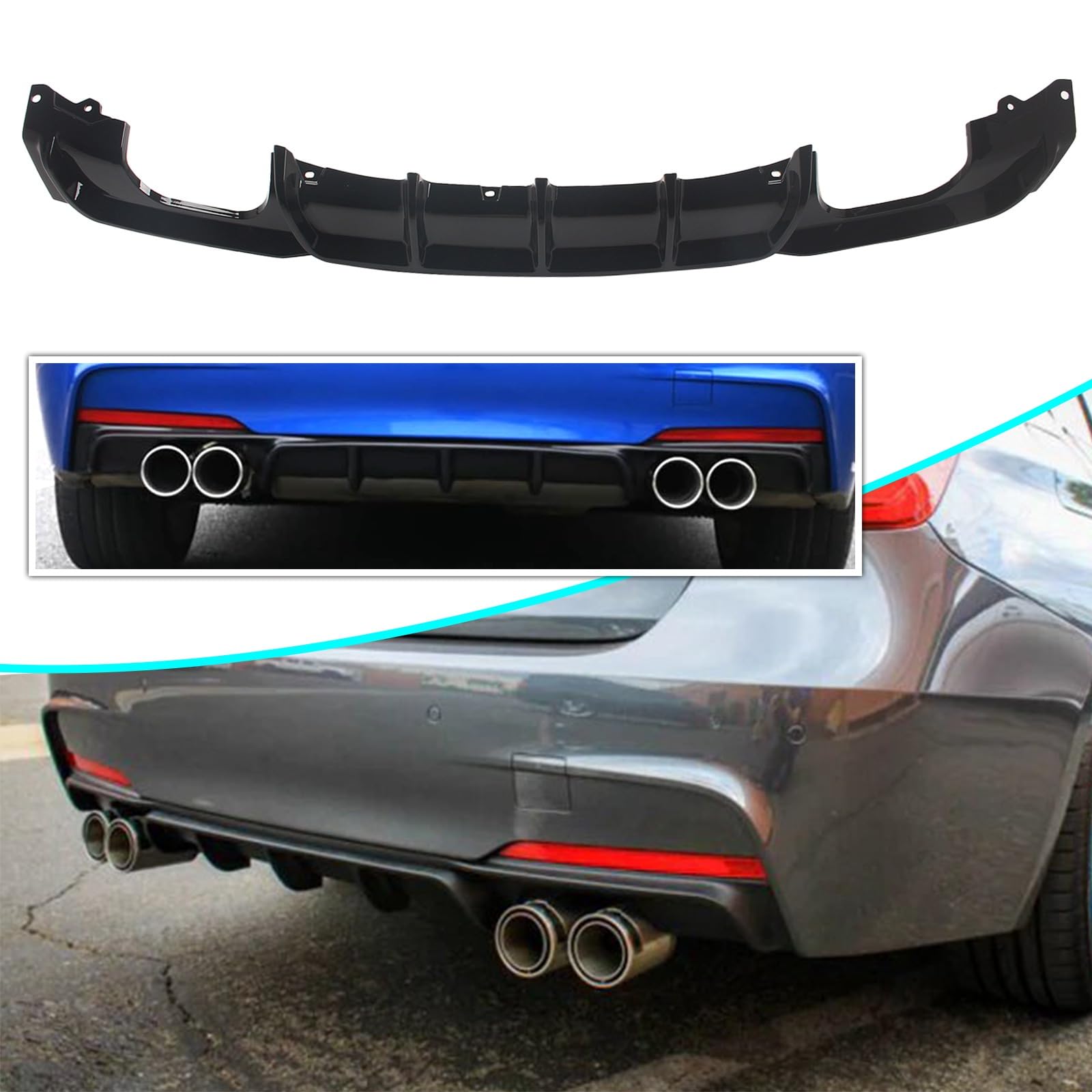 FINMOKAL Glänzend Schwarz Auto Heckstoßstange Diffusor Lippe Kompatibel mit 2012-2018 BMW 3er Serie F30 F31 320i 325i M Sport, Dual Muffler Dual Out von FINMOKAL