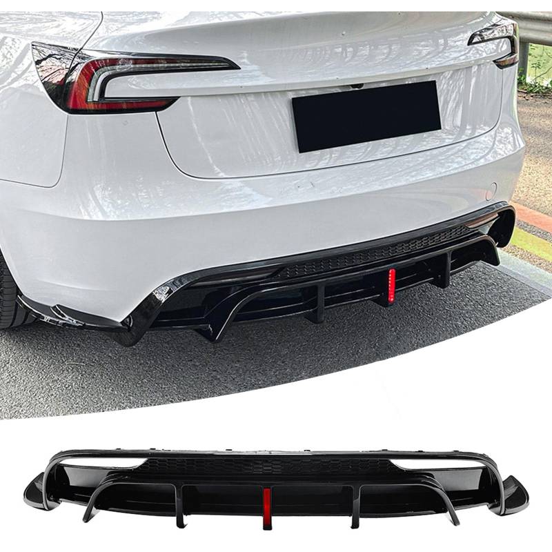 FINMOKAL Heckstoßstangen-Diffusor-Lippenkörper-Kit mit Licht, kompatibel mit Tesla Model 3 2024+, Mattschwarz von FINMOKAL