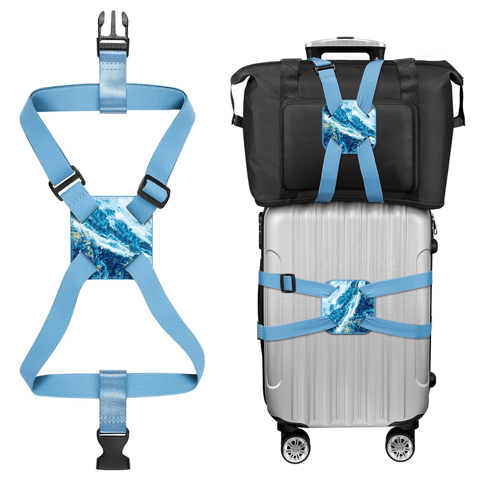 Koffergurt Kofferband, FINPAC Verstellbarer elastischer Gepäckgurt, Bag Bungee Koffer, Reisezubehör mit Anti-Pinch-Schnalle, Koffergurt Luggage Strap für Koffer und Tasche (Meeresblau) von FINPAC