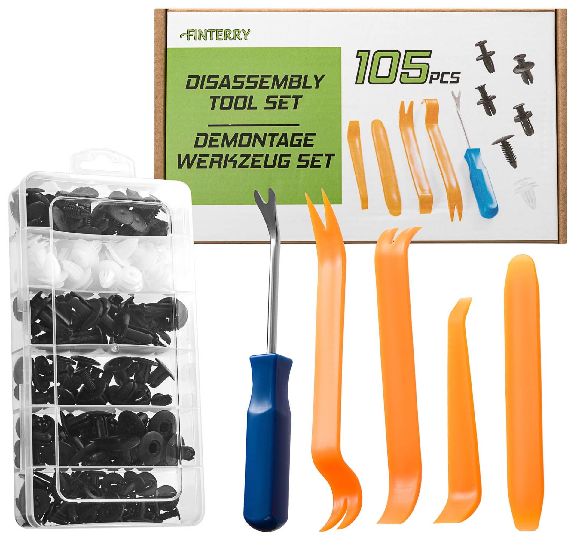 Befestigungsclips Auto + KFZ Werkzeug Set zur Demontage, 100 Stück Karosserie Clips Kunststoff Spreiznieten für Autos mit 5x Hebelwerkzeug Befestigungsclips Auto + KFZ Werkzeug Set zur Demontage, 100 Stück Karosserie Clips Kunststoff Spreiznieten für Autos mit 5x Hebelwerkzeug von FINTERRY