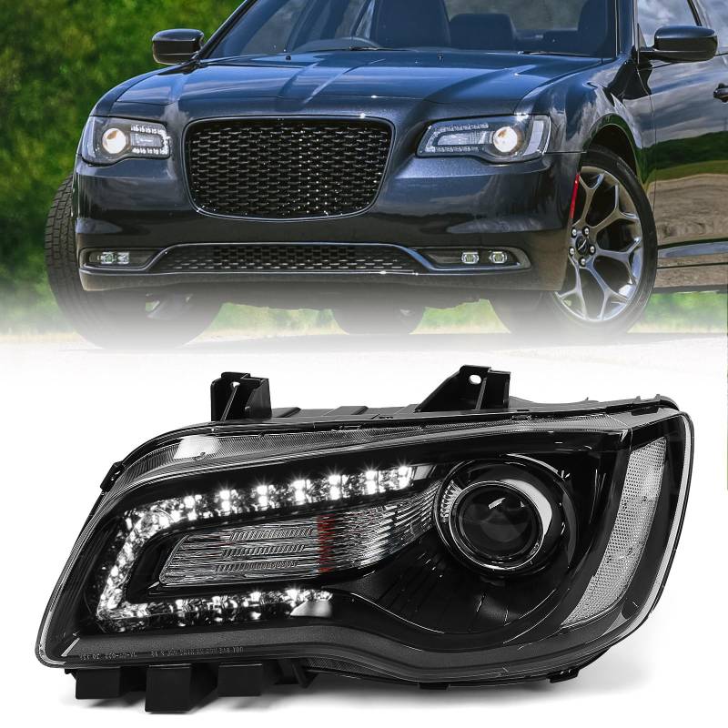 FIONE Halogen-Scheinwerfer kompatibel mit Chrysler 300/300C 2015 2016 2017 2018 Scheinwerfer Montage mit schwarzer Blende Ersatz linke Fahrerseite links 68214383AD CH2502269 von FIONE