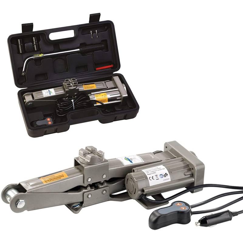 FISHTEC - Elektrischer Wagenheber 12V Auto - Stahl - Anhebt Bis zu 1 500 kg - Kommt mit Aufbewahrungskoffer - Anschluss Zigarettenanzünder - Rad Demontage mit Sockel 17 und 23 mm Inklusive von Fishtec