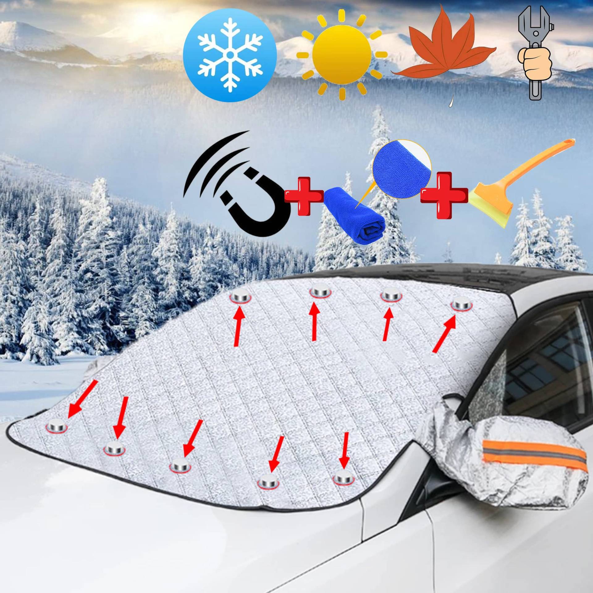 Frontscheibenabdeckung Auto Scheibenabdeckung Windschutzscheiben Abdeckung mit 9 Magnet Fixierung Auto Frostschutz Abdeckung Faltbare Autoabdeckung gegen Sonne/Staub/EIS/Schnee/Frost (183 * 116cm) von FITCXJX