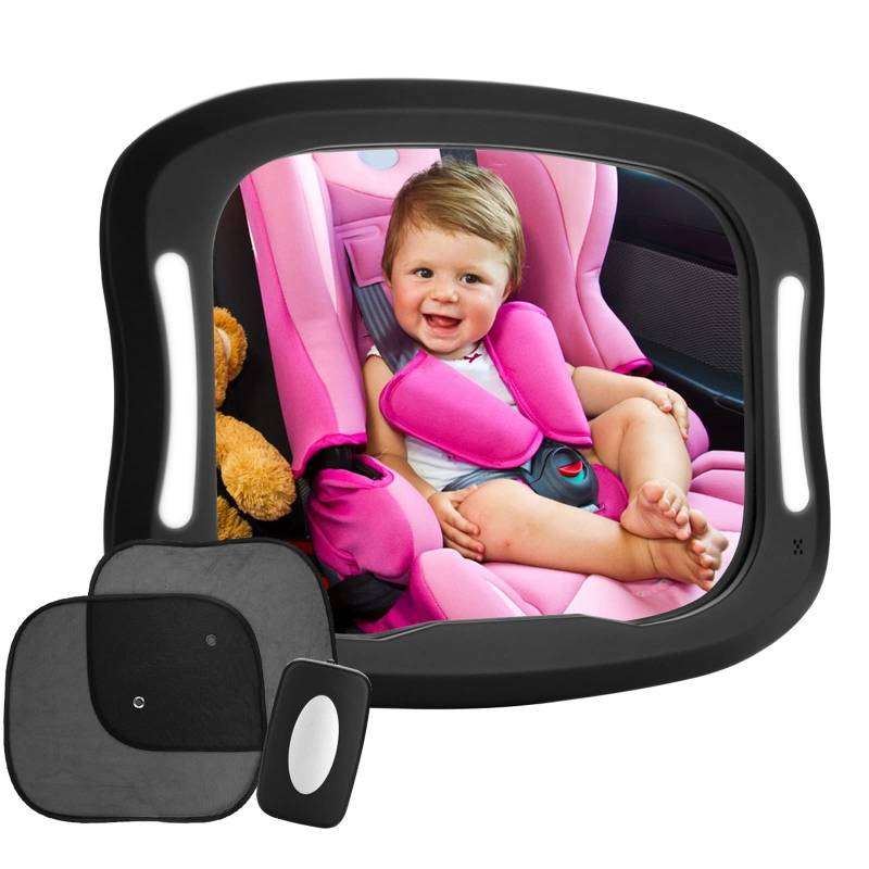 FITNATE LED Rücksitzspiegel für Babys, 20 x 29 cm großer Baby Autospiegel für Kindersitz, Bruchsicherer Auto-Rückspiegel für Babyschale, 360° schwenkbar Rücksitzspiegel von FITNATE