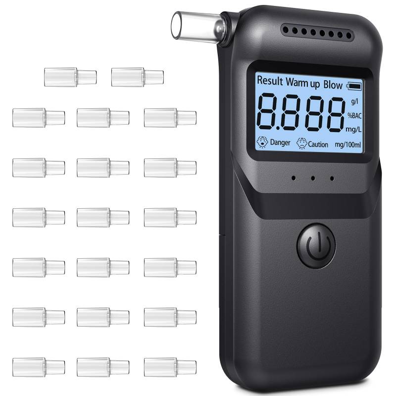 FIVAVA Alkoholtester, Polizeigenau Alkoholmessgeräte mit 20 Mundstücken,rofessioneller Alkoholtester mit digitaler Blauer LCD-Anzeige für den privaten professionellen Gebrauch zu Hause von FIVAVA
