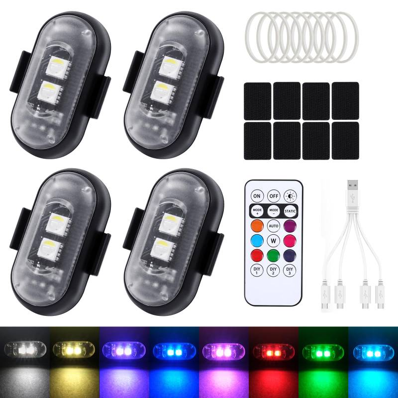 FIVAVA Kabellose LED Lichter,4 Stück LED Blitzlicht Auto 8 Farben,Flight Light mit Fernbedienung,WirelessLED Lights für Auto,Motorrad,Drohne von FIVAVA
