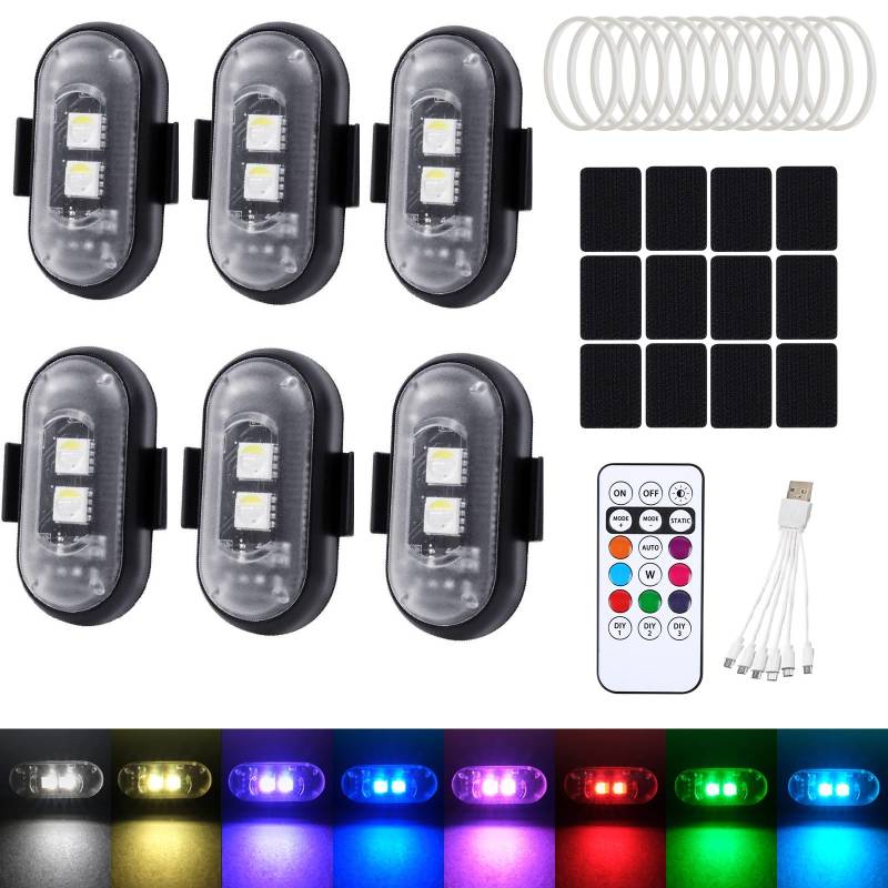 FIVAVA Wireless Auto LED für Innenbeleuchtung,6 Stück LED Blitzlicht Auto 8 Farben mit Fernbedienung,Ambiente Beleuchtung für Auto,Motorrad,Drohne von FIVAVA