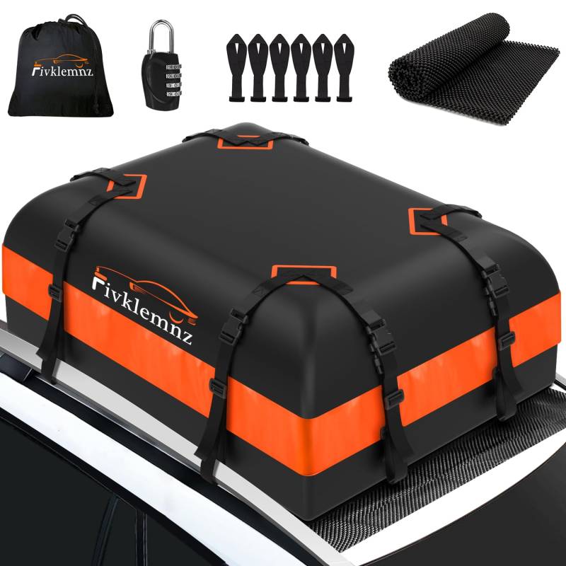 FIVKLEMNZ Dachbox Auto, Dachgepäckträger Tasche, Wasserdicht für alle Fahrzeugdächer mit/ohne Gepäckträger Inklusive Topper Anti-Rutsch-Matte + Verstärkte Gurte +6 Türhaken +Gepäckschloss(15 Kubikfuß) von FIVKLEMNZ