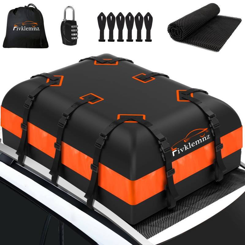 FIVKLEMNZ Dachbox Auto, Dachgepäckträger Tasche, Wasserdicht für alle Fahrzeugdächer mit/ohne Gepäckträger Inklusive Topper Anti-Rutsch-Matte + Verstärkte Gurte +6 Türhaken +Gepäckschloss(21 Kubikfuß) von FIVKLEMNZ