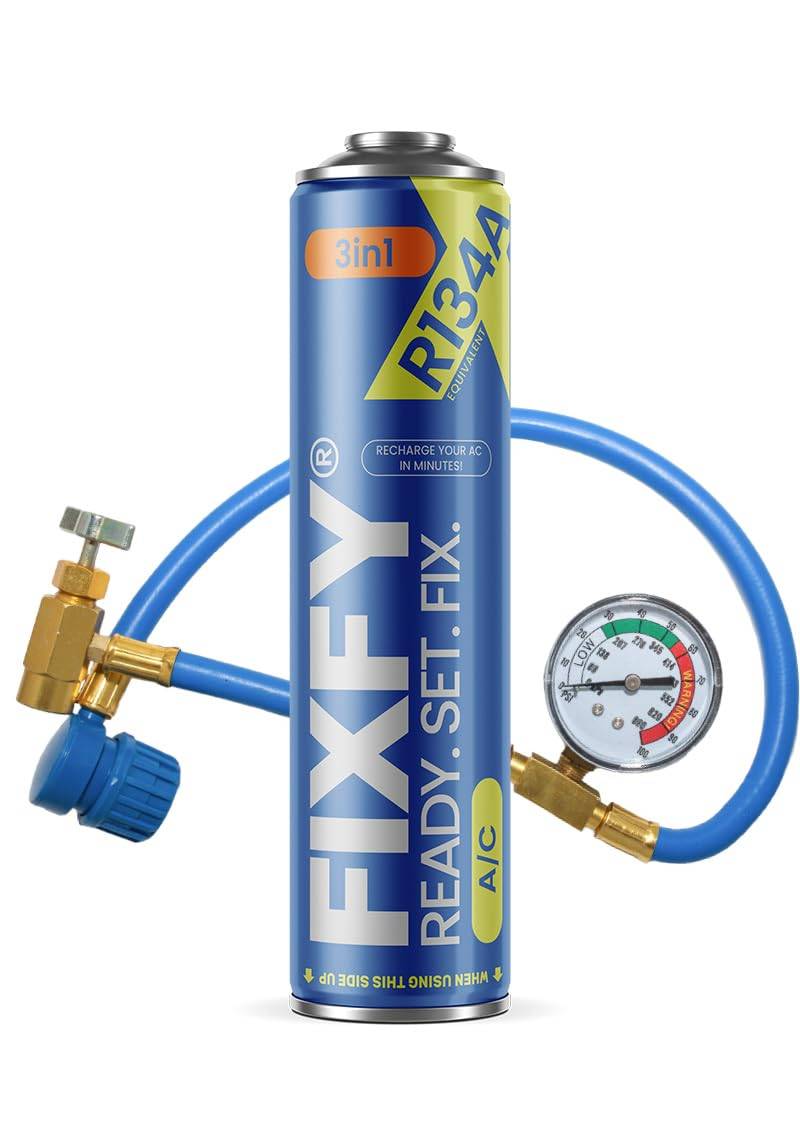 FIXFY 3in1 – Ersatz für Kältemittel R134a mit Öl und Dichtmittel – Set mit Schlauch und Manometer, 500 ml, zur Selbstbefüllung der Klimaanlage in Autos 1995–2016 von FIXFY