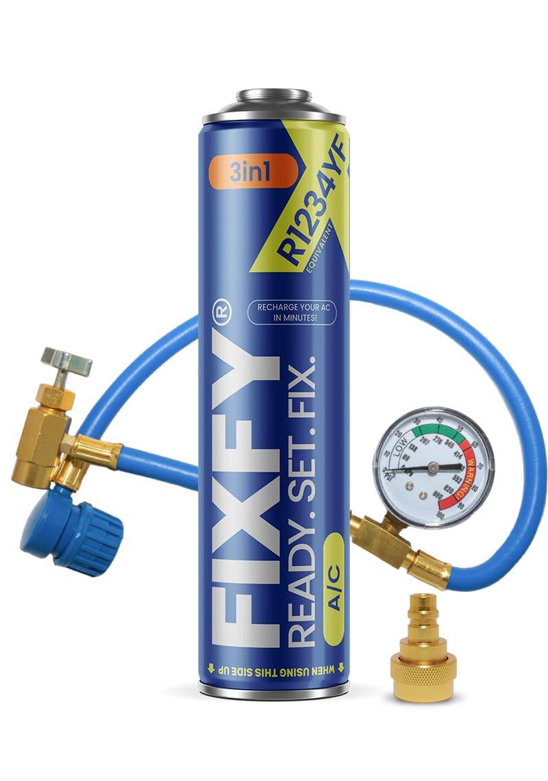 FIXFY 3in1 – Set: Schlauch mit Manometer + Adapter + Ersatz-Kältemittel R1234YF mit Öl und Dichtmittel – für Fahrzeuge ab Baujahr 2017 – Klimaanlage selbst befüllen von FIXFY