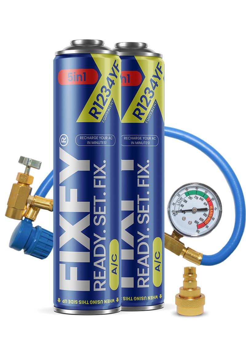 FIXFY 5in1 – Komplett-Set: Schlauch mit Manometer & Adapter + 2× Ersatz-Kältemittel R1234YF (Öl, Dichtmittel, Trocknungsmittel, UV-Farbstoff) – für Fahrzeuge ab Baujahr 2017 – Klimaanlage selbst befül von FIXFY