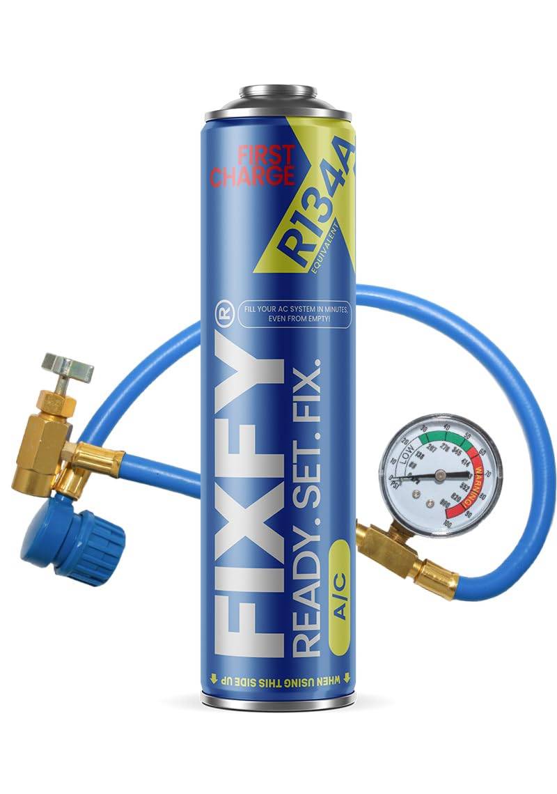 FIXFY First Charge – Erstbefüllung – 2in1-Präparat mit R134a-Ersatz und hohem Ölanteil – Set mit Schlauch und Manometer, 500 ml Dose, zur Selbstbefüllung leerer Klimaanlagen von FIXFY