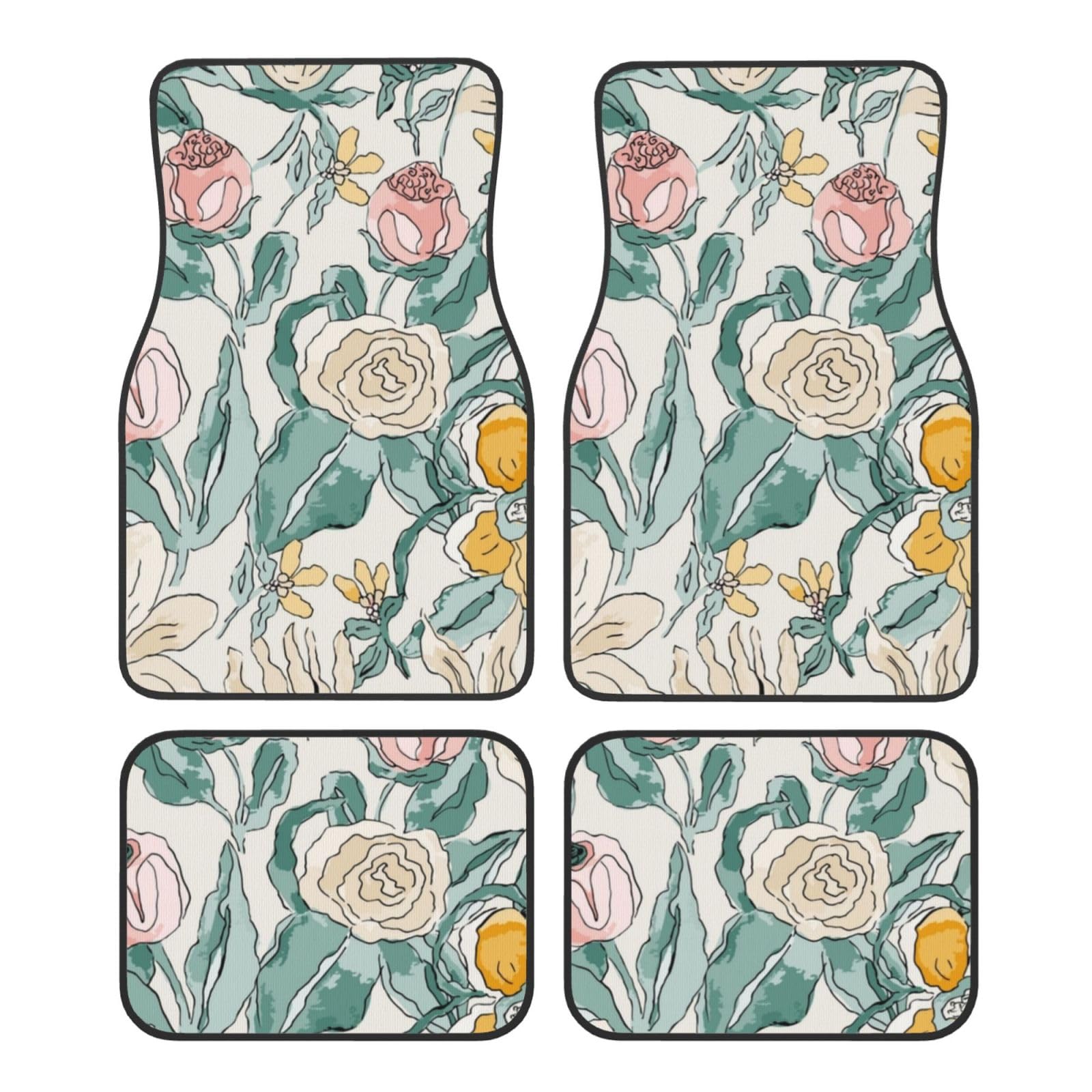 4 Stück wasserdichte Auto-Fußmatten – Aquarell, Blumen, Zweige, Blätter, Frühling, rutschfeste Automatten, komplettes Set, universelle Passform, Autoteppich, Autozubehör, Innenraum für Auto, LKW, SUV von FJAUOQ