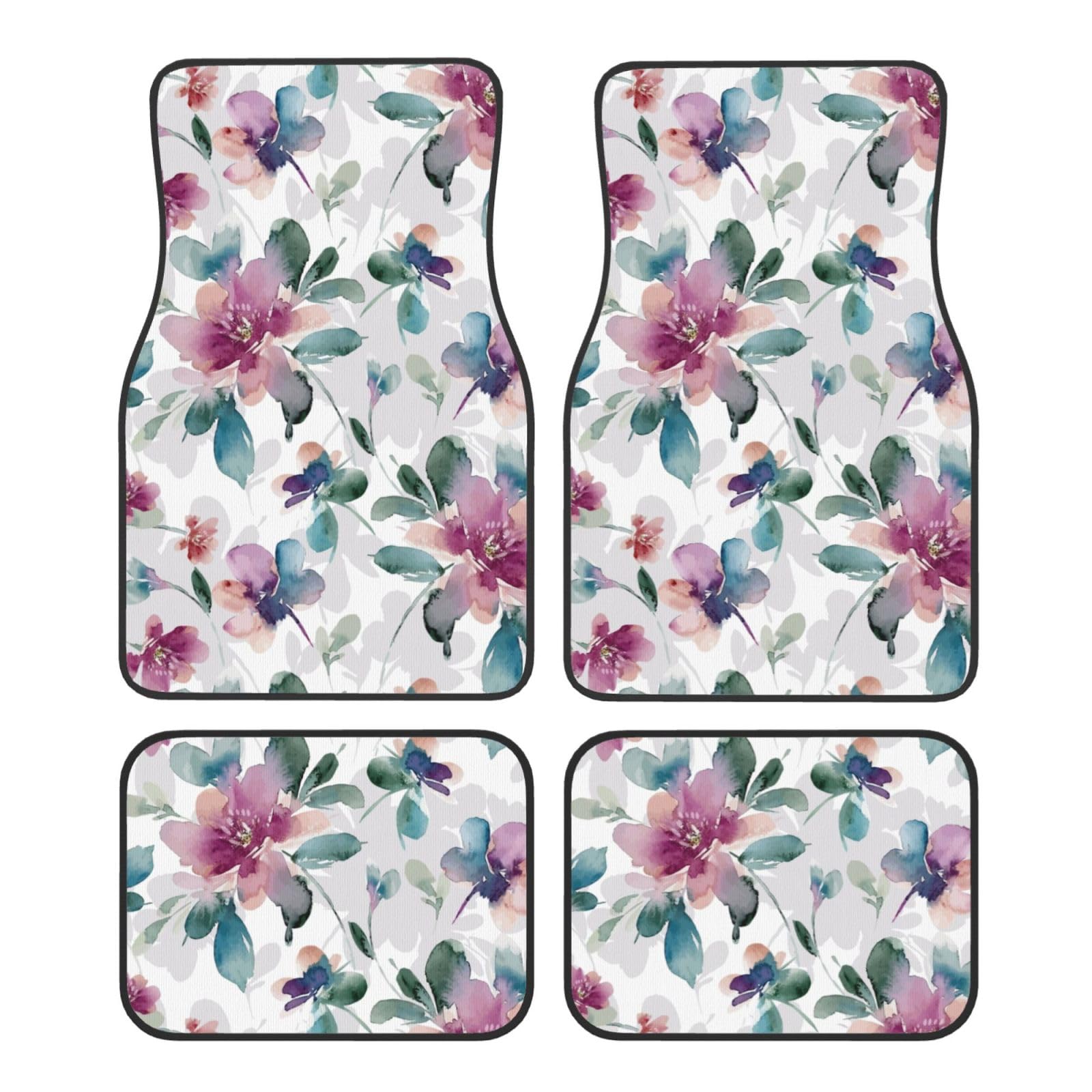 4 Stück wasserdichte Auto-Fußmatten – Aquarell, Pfingstrose, Rose, Blumen, Blatt, Anti-Rutsch-Automatten, komplettes Set, universelle Passform, Autoteppich, Autozubehör, Innenraum für Auto, LKW, SUV von FJAUOQ