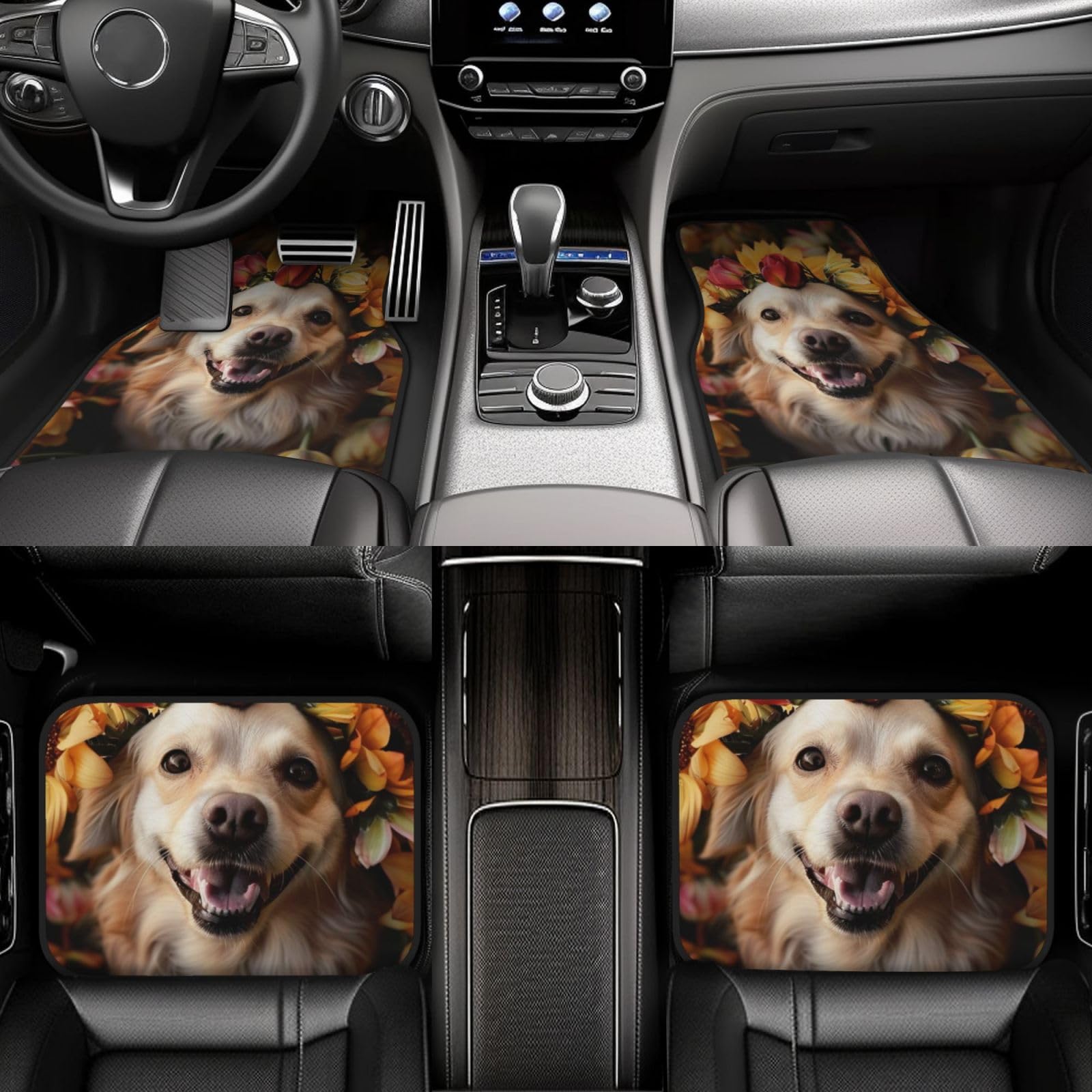 4 Stück wasserdichte Auto-Fußmatten – Aquarell Blume Welpe Hunde Niedlich Anti-Rutsch-Automatten Komplettes Set Universelle Passform Autoteppich, Autozubehör Innenraum für Auto, LKW, SUV von FJAUOQ