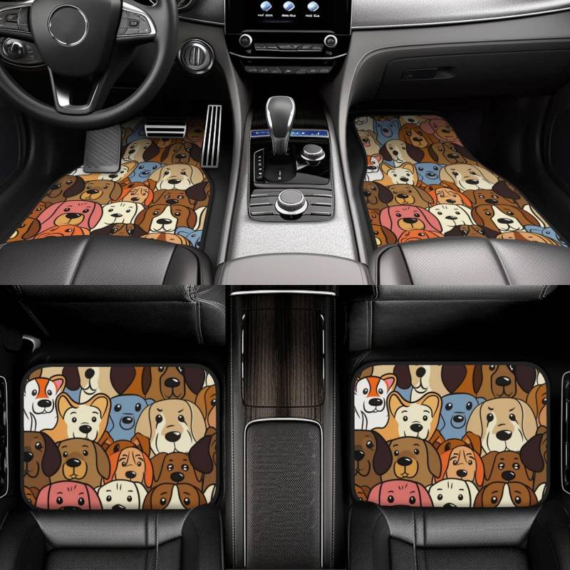 4 Stück wasserdichte Auto-Fußmatten – Aquarell Welpe Cartoon Hund Aquarell Anti-Rutsch-Automatten Komplettes Set Universelle Passform Autoteppich, Autozubehör Innenraum für Auto, LKW, SUV von FJAUOQ