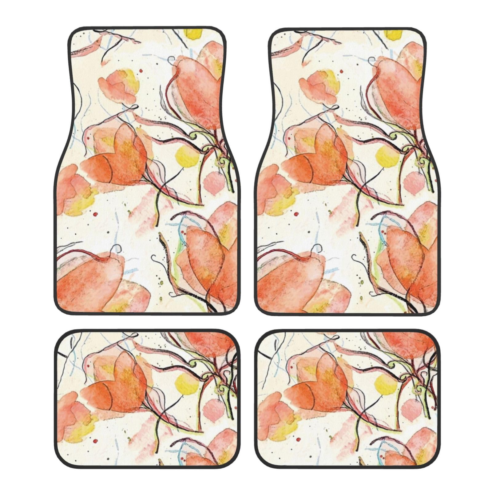 4 Stück wasserdichte Auto-Fußmatten – florales rotes Aquarell, abstrakte Blume, Blatt, rutschfeste Automatten, komplettes Set, universelle Passform, Autoteppich, Autozubehör, Innenraum für Auto, LKW von FJAUOQ