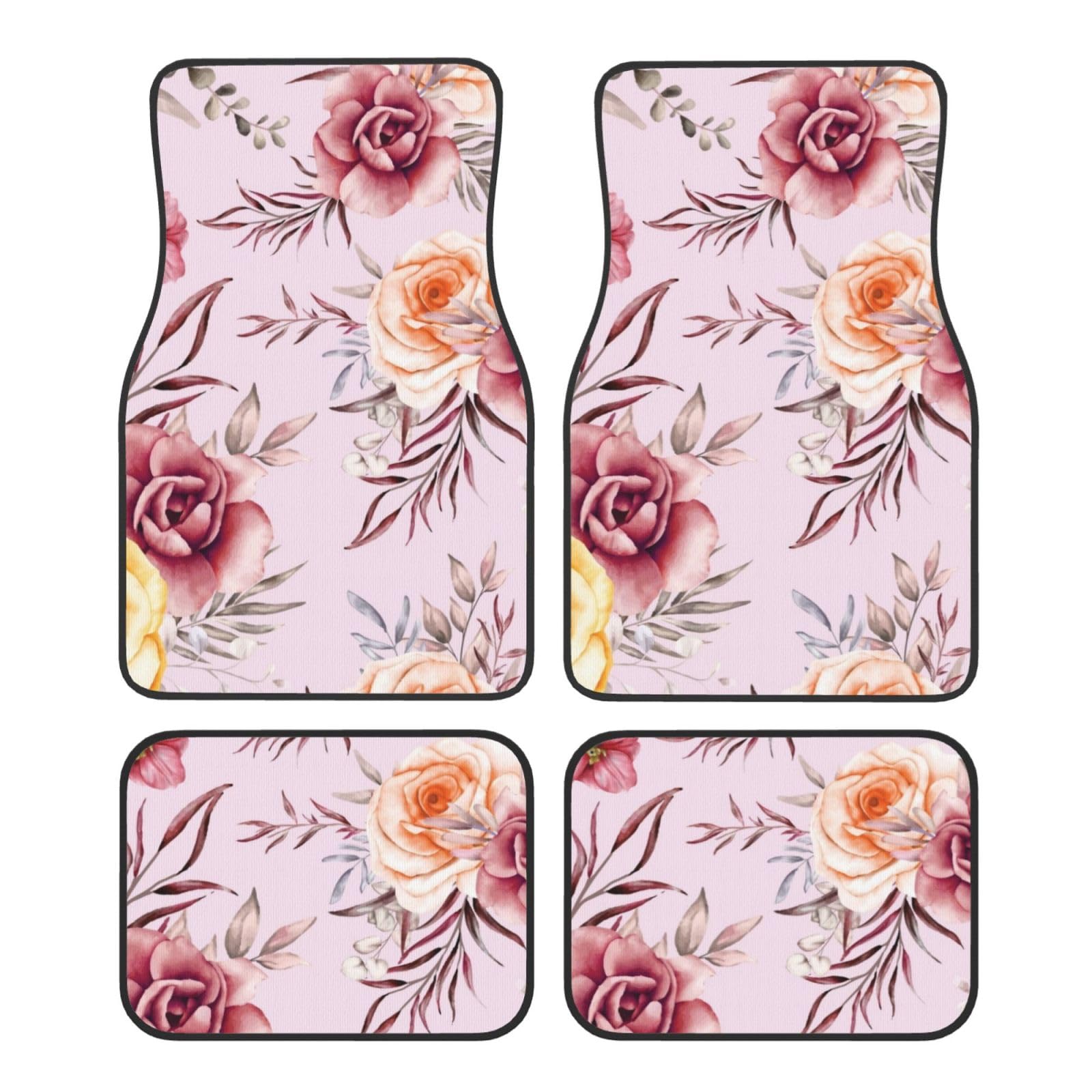 4 Stück wasserdichte Auto-Fußmatten – rosa Aquarell-Blumensträuße Vintage Anti-Rutsch-Automatten Komplettset universelle Passform Autoteppich Autozubehör Innenraum für Auto, LKW, SUV von FJAUOQ