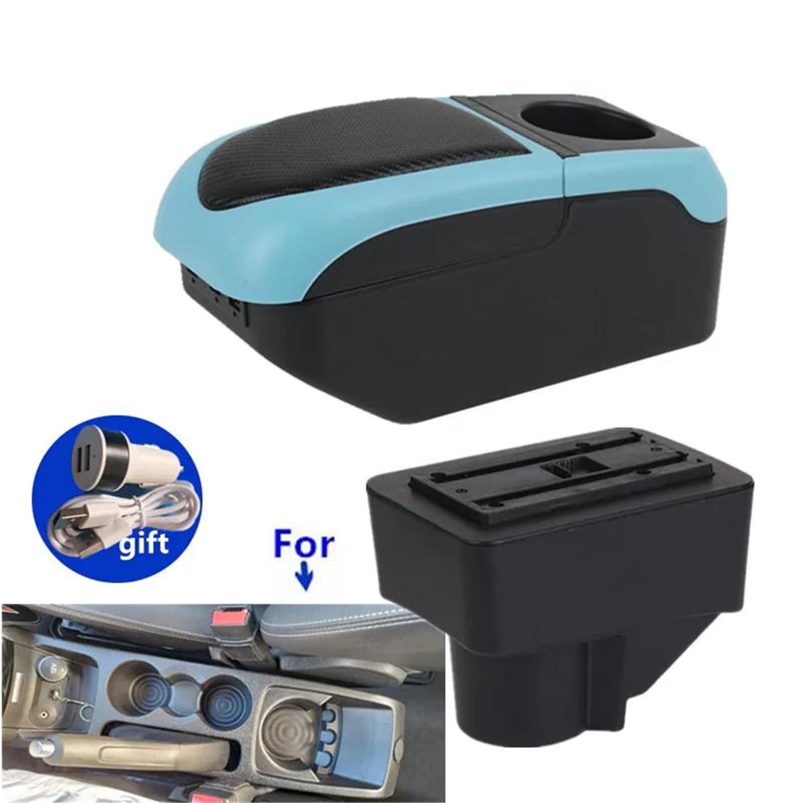 Armlehne Armlehnenbox Für Ford Für Fiesta 3 2011-2018 Autoarmlehnenbox Aufbewahrungsbox Autozubehör PU-Leder Mittelarmlehne Ablagefach(Black-blue) von FJGIGN