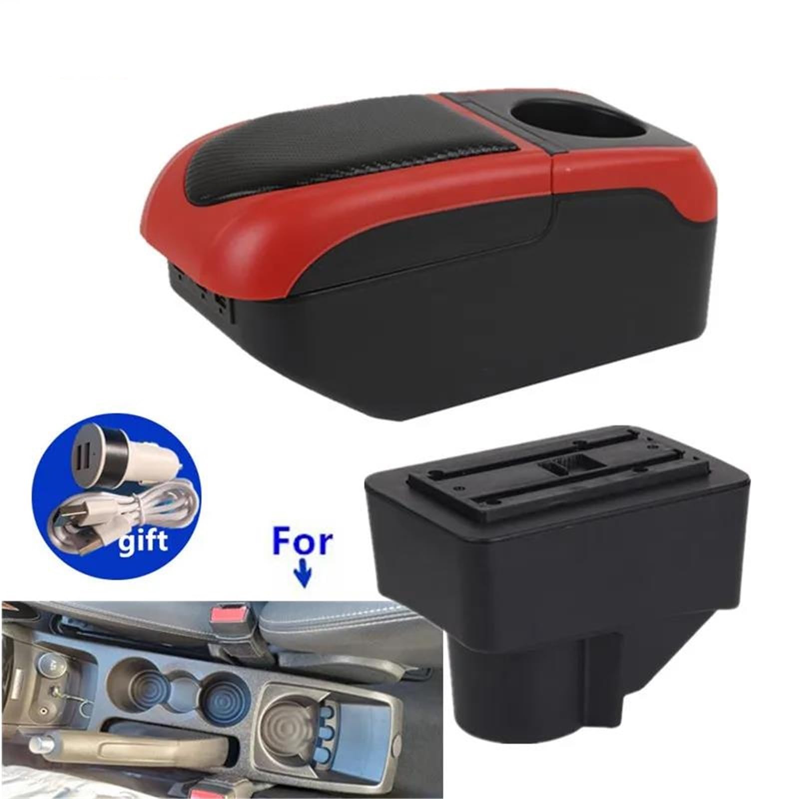 Armlehne Armlehnenbox Für Ford Für Fiesta 3 2011-2018 Autoarmlehnenbox Aufbewahrungsbox Autozubehör PU-Leder Mittelarmlehne Ablagefach(Black-red) von FJGIGN