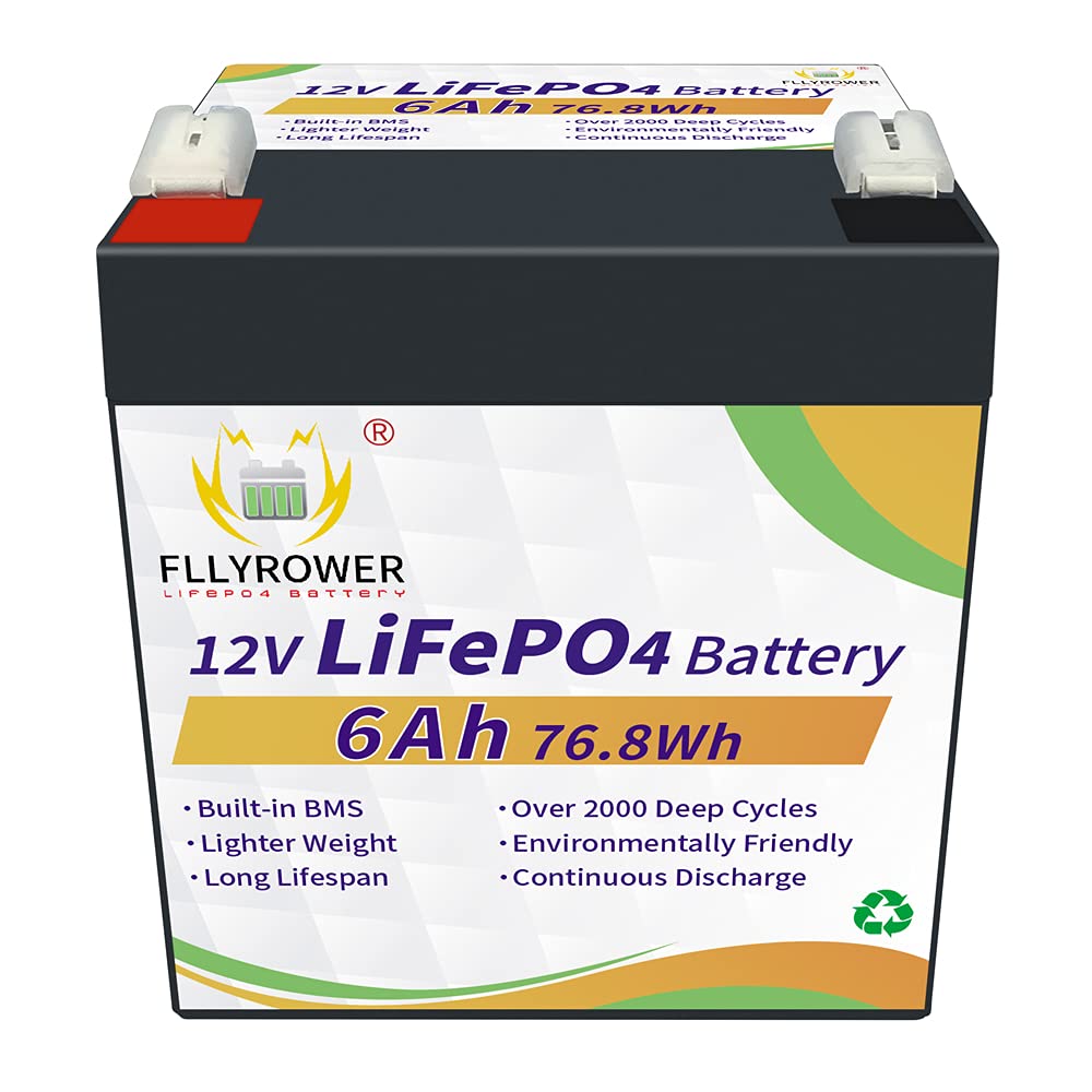 FLLYROWER 12V 6AH ​​LiFePO4 Batterie Grade A Zellen mit BMS Deep Cycle 10000+ Mal, geeignet für Solar, Wohnmobil, Anhänger, Trolling-Motor, Boot, Standserie und Parallel von FLLYROWER