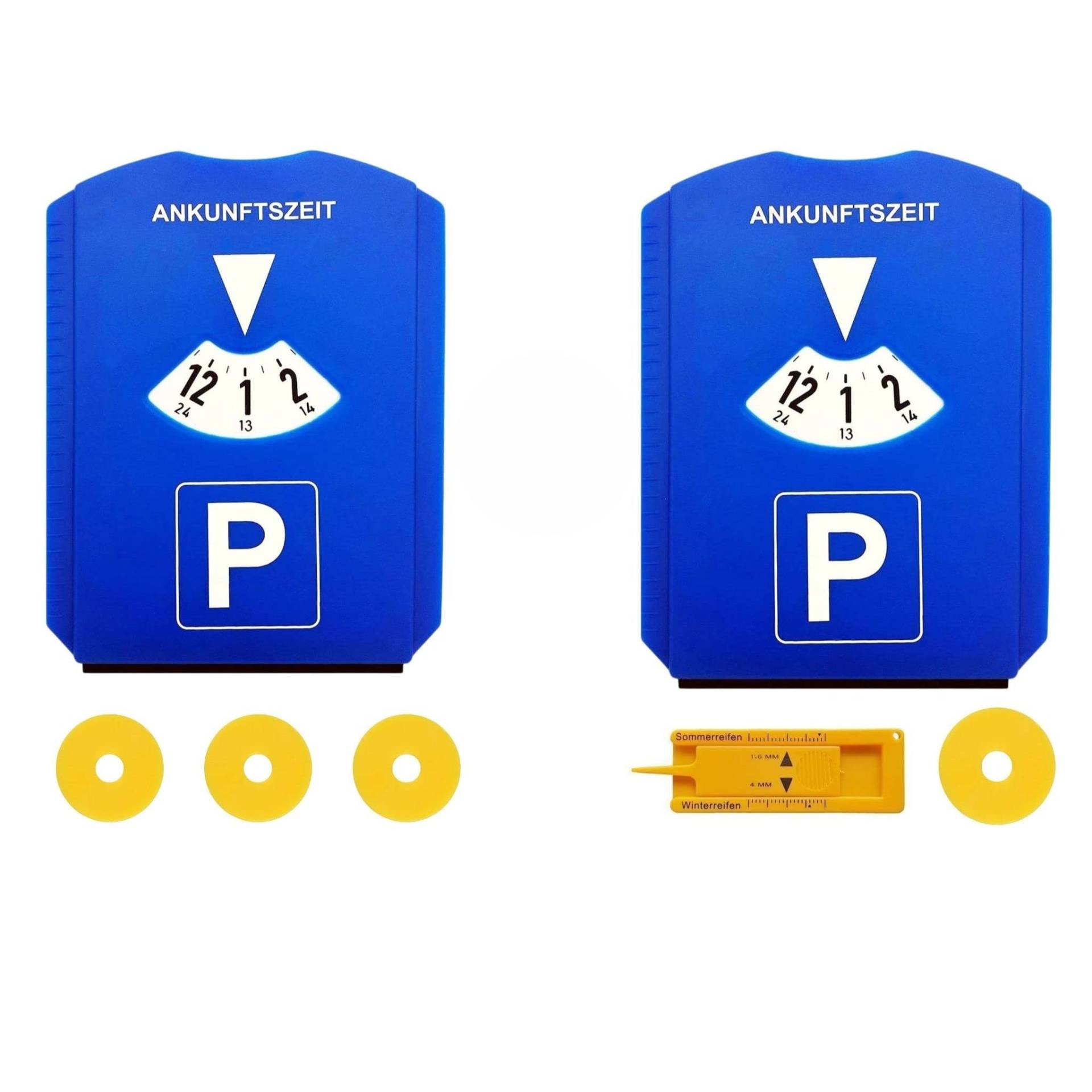 FLY DESIGN 2X Parkscheibe für Auto und LKW mit Eiskratzer, Gummilippe, Einkaufswagenchip, Reifenprofilmesser | Parking Disc aus Kunststoff von FLY DESIGN