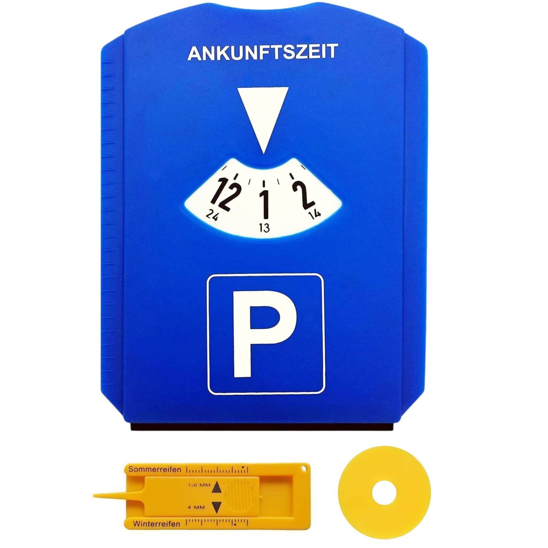 FLY DESIGN Parkscheibe für Auto und LKW mit Eiskratzer, Gummilippe, Einkaufswagenchip, Reifenprofilmesser | Parking Disc aus Kunststoff von FLY DESIGN