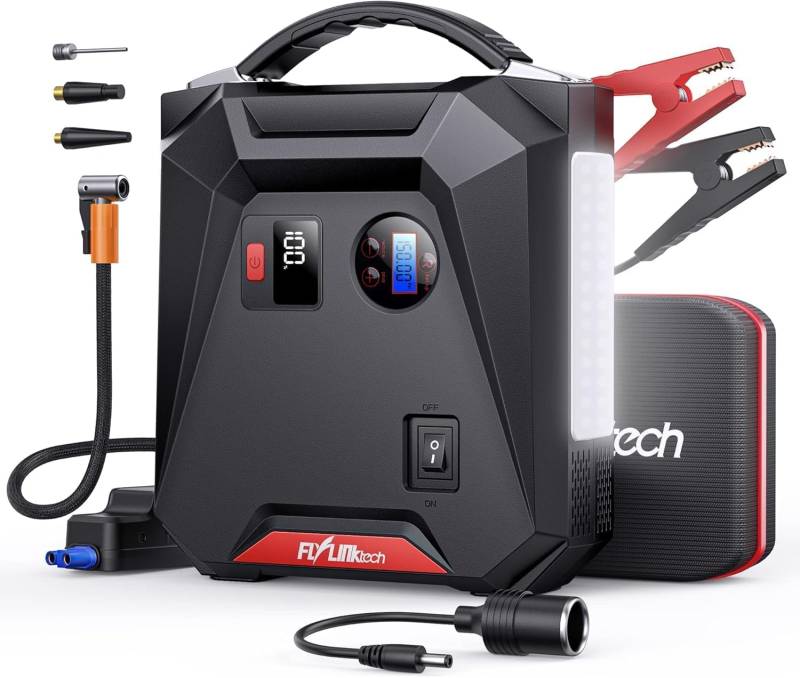6000A Starthilfe für Autobatterien (maximale Beschleunigung und 8,0 l Diesel), tragbares 88,8 WH-Notfall-Starthilfegerät und 150 PSI (10,3 bar) Luftkompressor, QC3.0-Laden, 300 Lumen LED von FLYLINKTECH