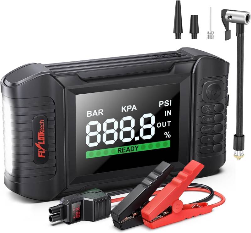 FLYLINKTECH Auto Starthilfe Powerbank mit Luftkompressor, 150PSI 7000A Spitzenstrom Starter Powerbank für Alle Benzinmotor oder 10,0L Dieselmotoren, Starthilfe mit LED Bildschirm und LED-Taschenlampe von FLYLINKTECH