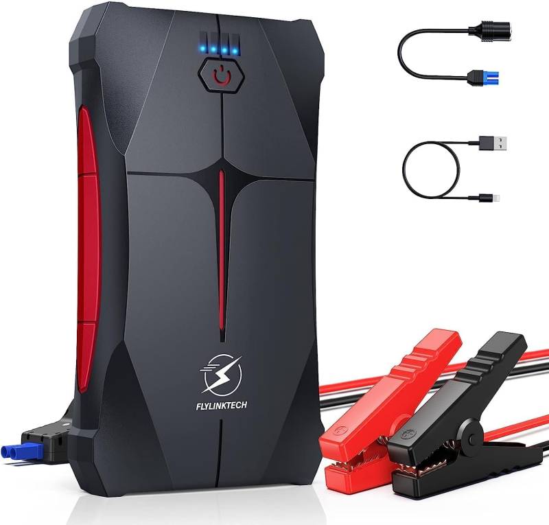 FLYLINKTECH Starthilfe Powerbank, 4500A Spitzstrom 13200mAh Tragbare Auto Starthilfe 12V für 8.0L Benzin und 6.5L Dieselmotor, IP67 Wasserdicht Starter Powerbank mit LED Taschenlampe von FLYLINKTECH