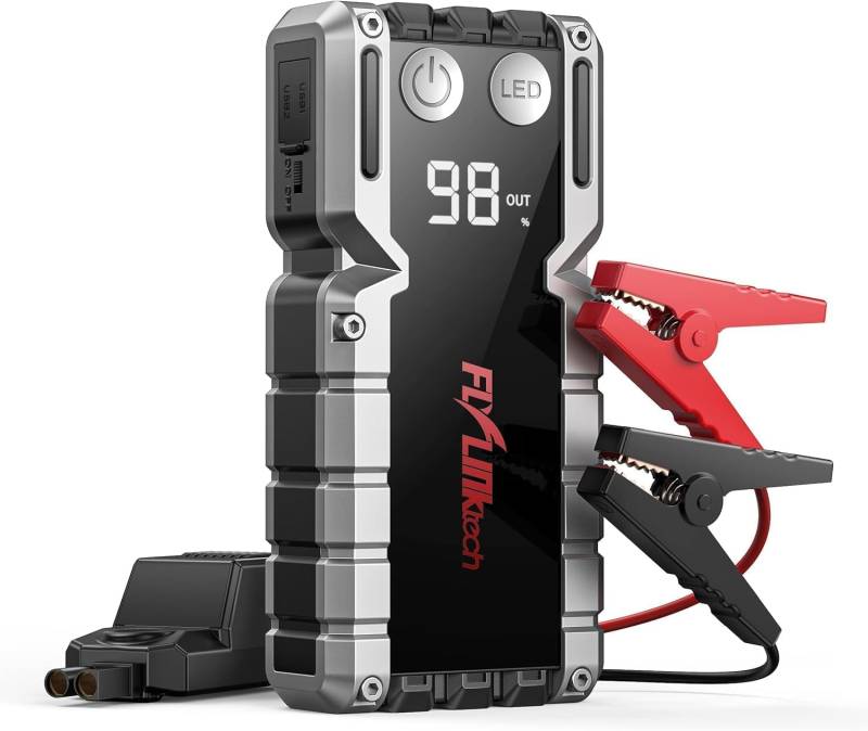 FLYLINKTECH Starthilfe Powerbank, 7000A Spitzstrom Auto mit LCD-Display (Für bis zu 9.0L Benzinmotor oder 8.0L Dieselmotoren), Starthilfegerät LED-Taschenlampe und USB Schnellladung 3.0(Modell: CF900) von FLYLINKTECH