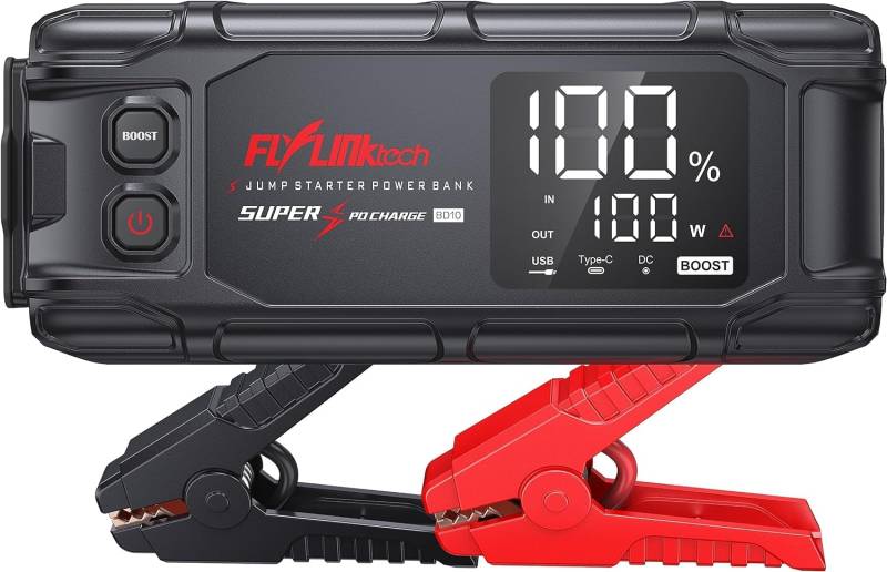 FLYLINKTECH Starthilfe Powerbank, 8000A Spitzstrom, PD45W In/Out Schnellladung Starter Powerbank für Alle Benzinmotor/10,0L Dieselmotor, 26800mAh Starthilfegerät mit Taschenlampe und LCD Bildschirm von FLYLINKTECH