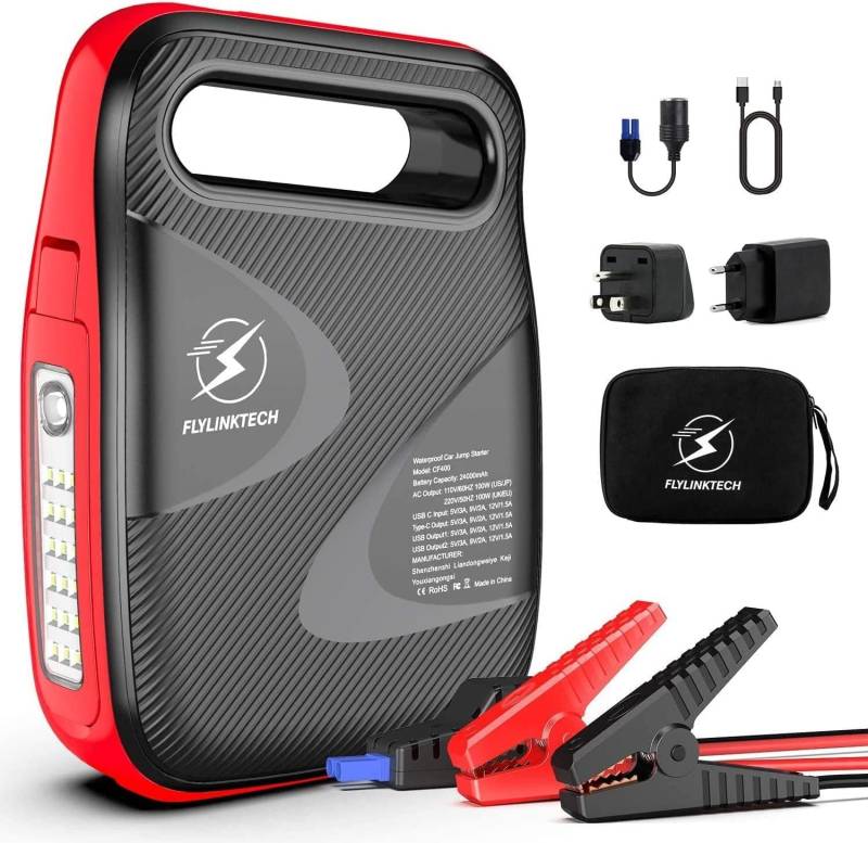 FLYLINKTECH Starthilfe Powerbank Auto 8000A Spitzstrom 24000mAh 220V/50Hz 100W AC-Ausgang für alle Benzinmotor oder 8.0L Dieselmotor, Tragbare Auto Starthilfe 12V von FLYLINKTECH