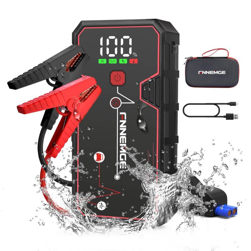 FNNEMGE Starthilfe Powerbank 5000A 23800mAh, Geeignet für 12V Auto Batterie (Alle Benzin und Bis Zu 8,0L Diesel), mit USB-Ladeausgang, LED-Licht, HD-Großbildschirm von FNNEMGE