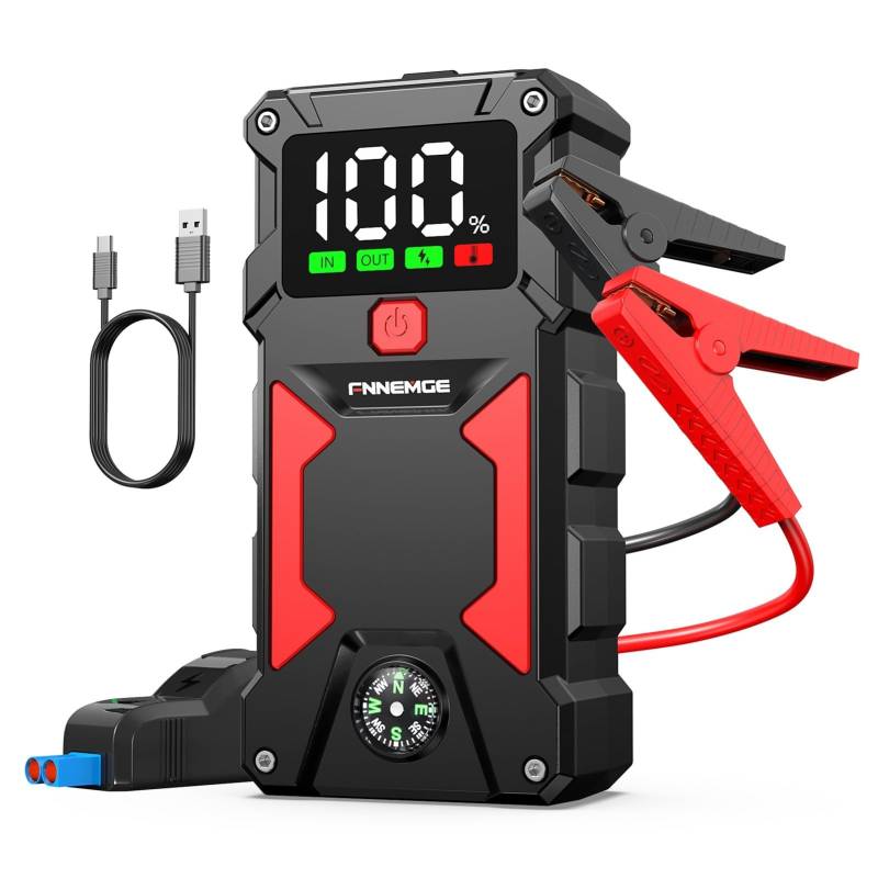 FNNEMGE Starthilfe Powerbank 5000A 24800mAh, Geeignet für 12V Auto Batterie (Alle Benzin und Bis Zu 8,0L Diesel), mit USB-Ladeausgang, LED-Licht, HD-Großbildschirm von FNNEMGE
